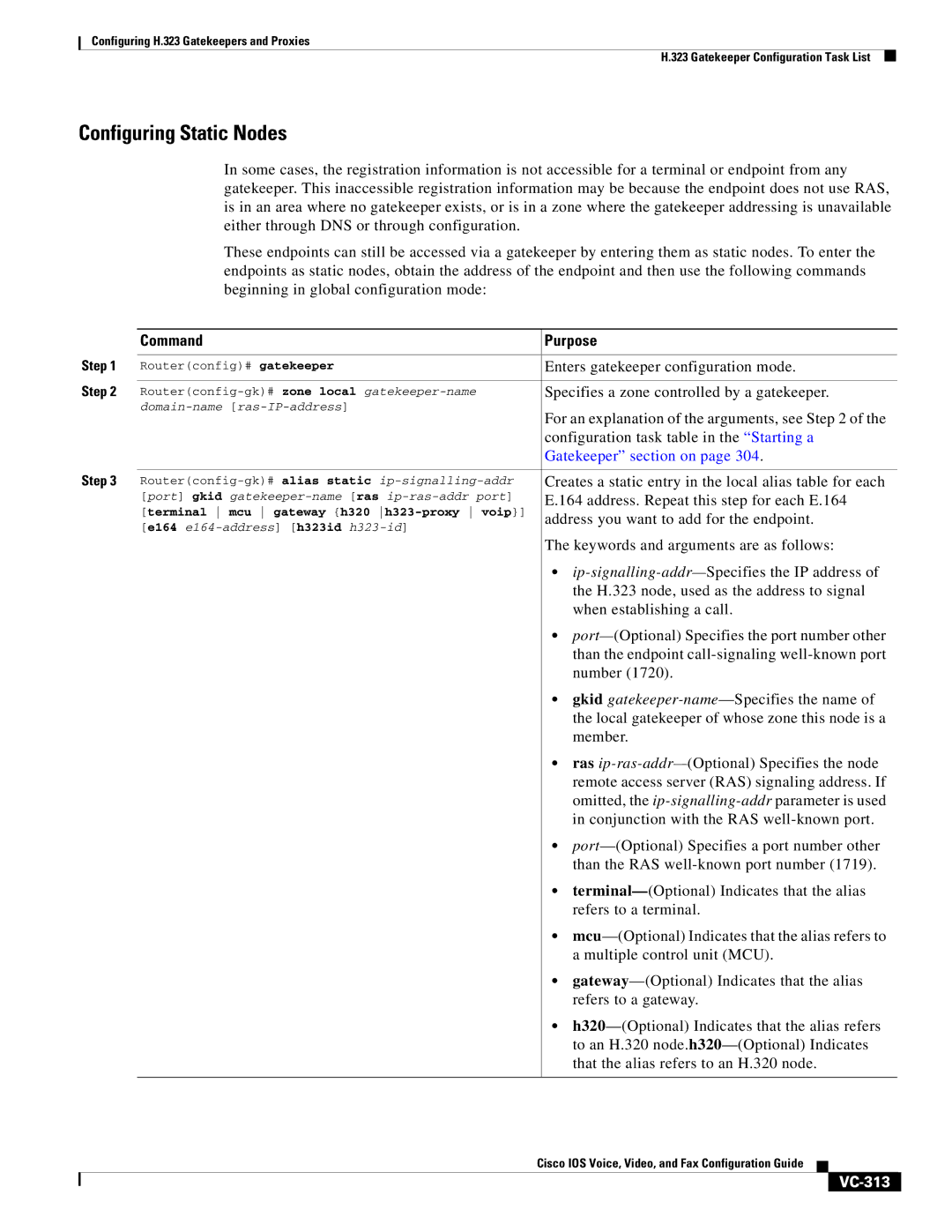 Cisco Systems VC-289 manual Configuring Static Nodes, VC-313 