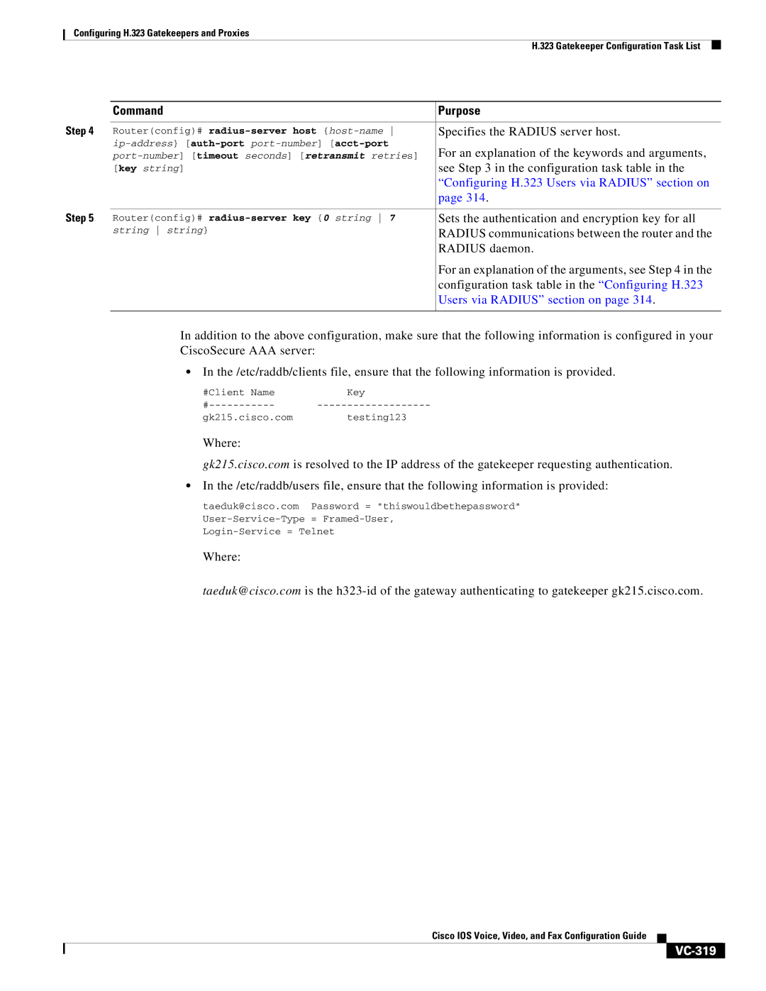 Cisco Systems VC-289 manual Users via Radius section on, VC-319 