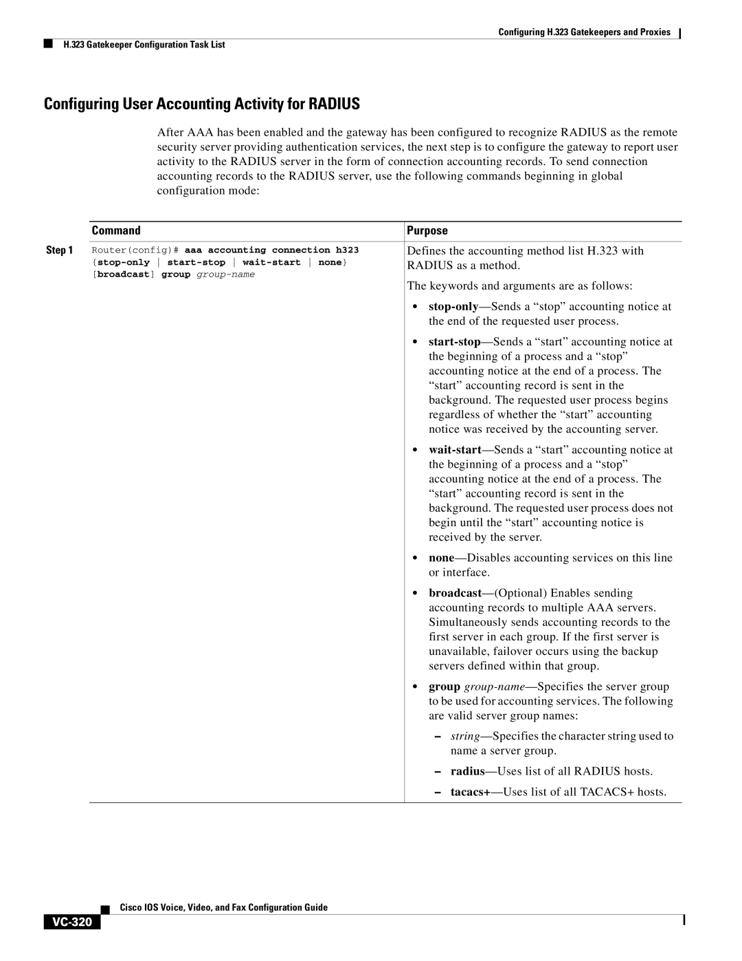 Cisco Systems VC-289 manual Configuring User Accounting Activity for Radius, VC-320 