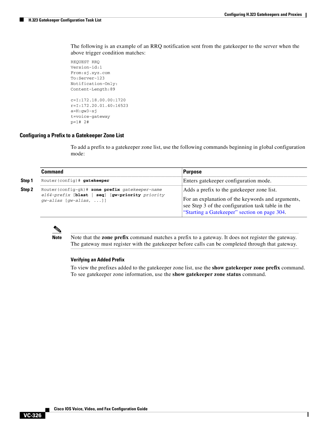 Cisco Systems VC-289 manual Configuring a Prefix to a Gatekeeper Zone List, VC-326 