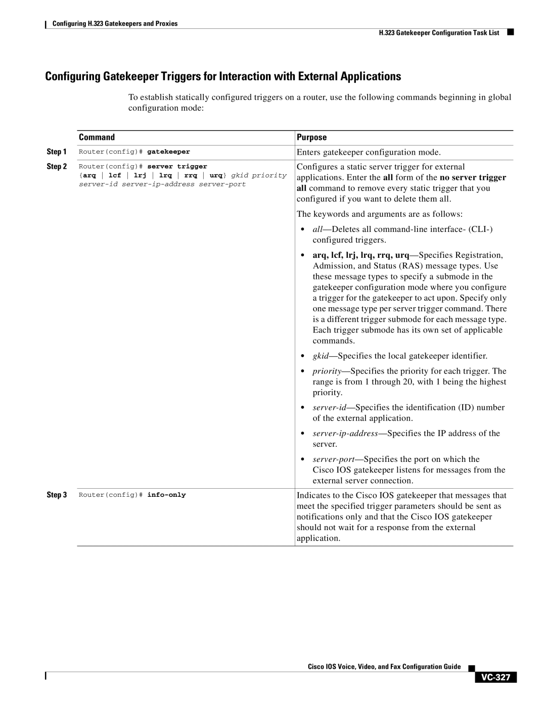 Cisco Systems VC-289 manual Arq, lcf, lrj, lrq, rrq, urq -Specifies Registration, VC-327 