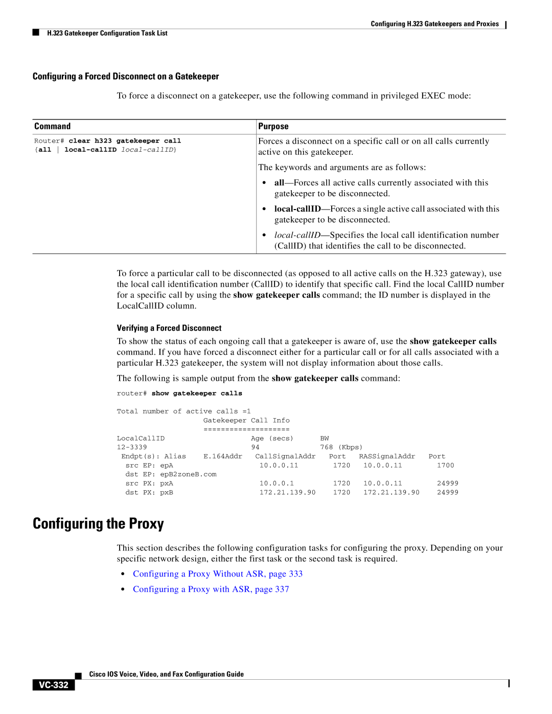 Cisco Systems VC-289 manual Configuring the Proxy, Configuring a Forced Disconnect on a Gatekeeper, VC-332 