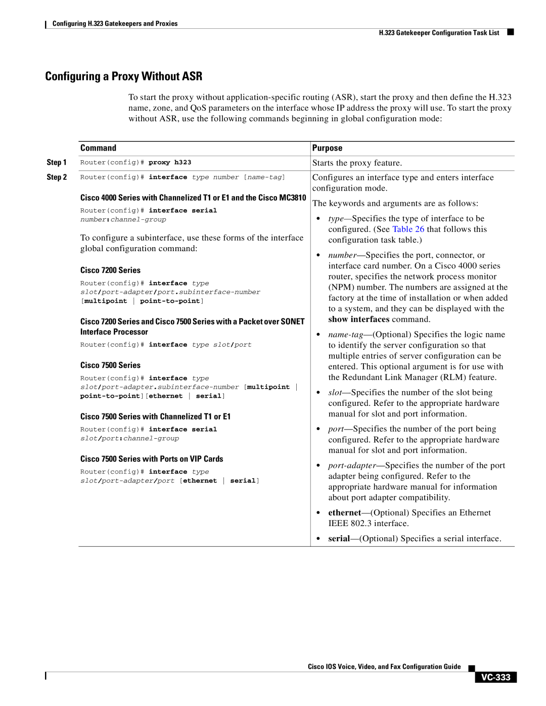 Cisco Systems VC-289 manual Configuring a Proxy Without ASR, Show interfaces command, VC-333 