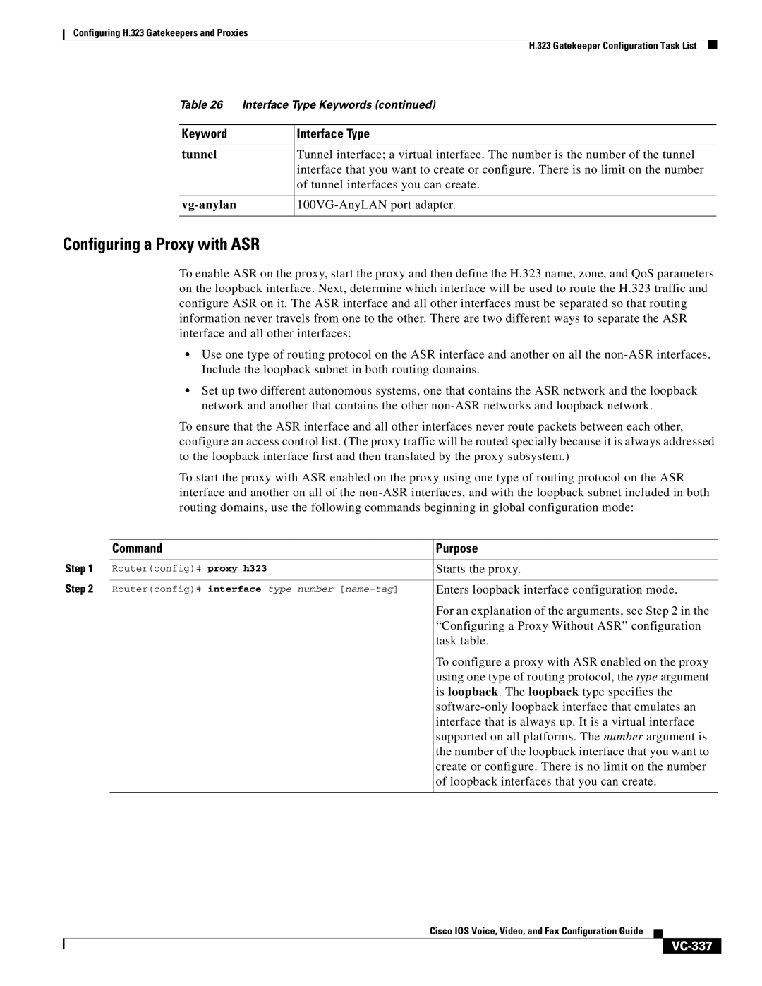 Cisco Systems VC-289 manual Configuring a Proxy with ASR, Tunnel, Vg-anylan, VC-337 