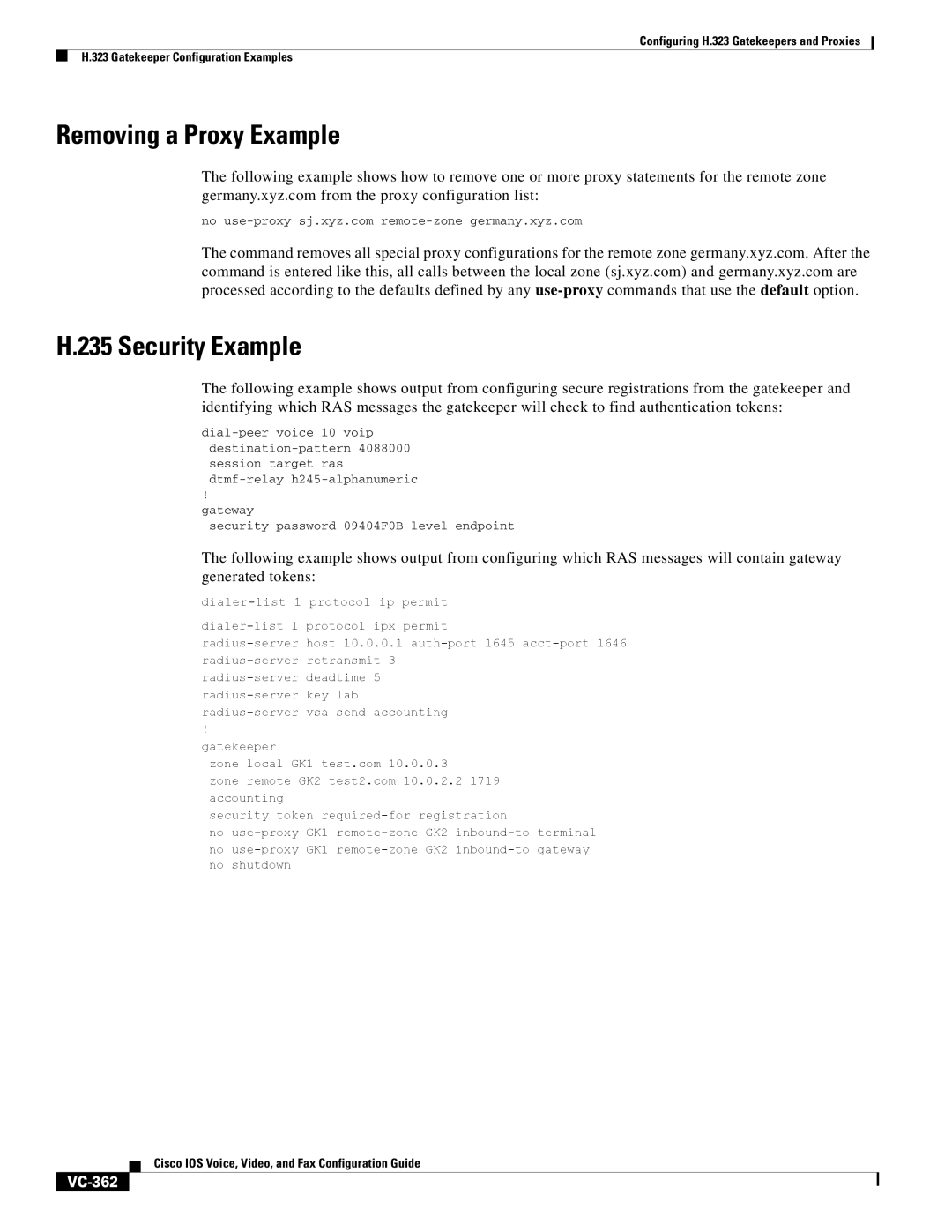 Cisco Systems VC-289 manual Removing a Proxy Example Security Example, VC-362 