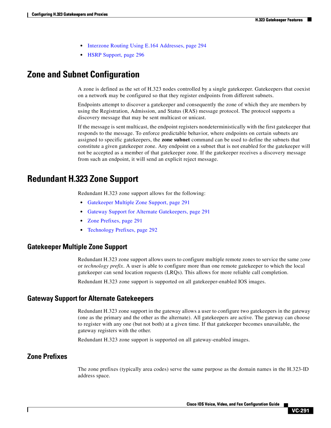 Cisco Systems VC-289 Zone and Subnet Configuration, Redundant H.323 Zone Support, Gatekeeper Multiple Zone Support, VC-291 