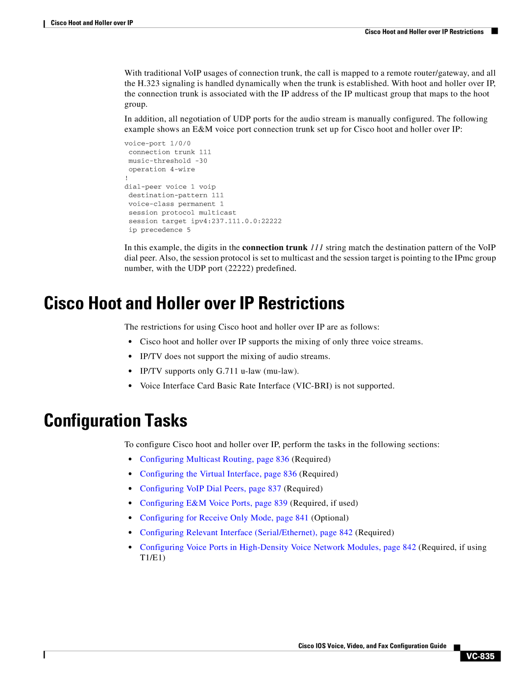 Cisco Systems VC-825 appendix Cisco Hoot and Holler over IP Restrictions, VC-835 