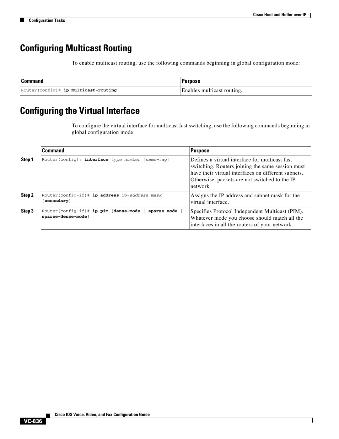 Cisco Systems VC-825 appendix Configuring Multicast Routing, Configuring the Virtual Interface, VC-836 