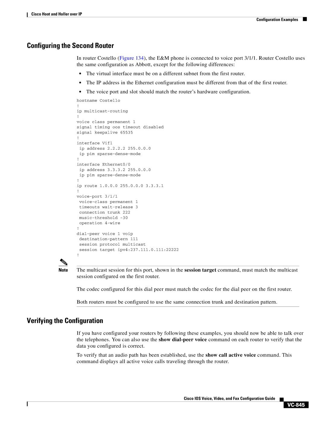 Cisco Systems VC-825 appendix Configuring the Second Router, Verifying the Configuration, VC-845 