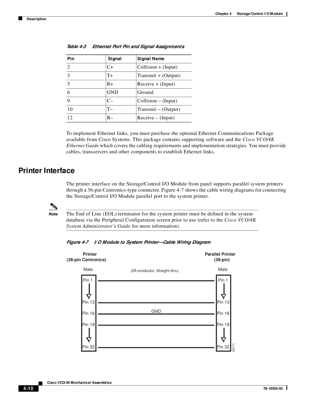 Cisco Systems VCO/4K specifications Printer Interface, Pin Signal Signal Name 