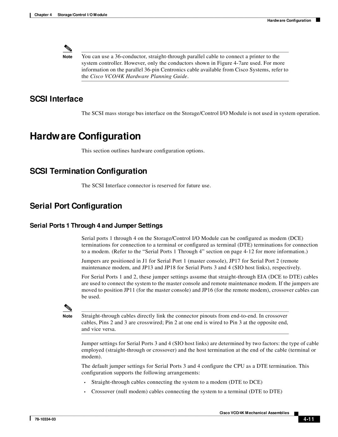 Cisco Systems VCO/4K Hardware Configuration, Scsi Interface, Scsi Termination Configuration, Serial Port Configuration 