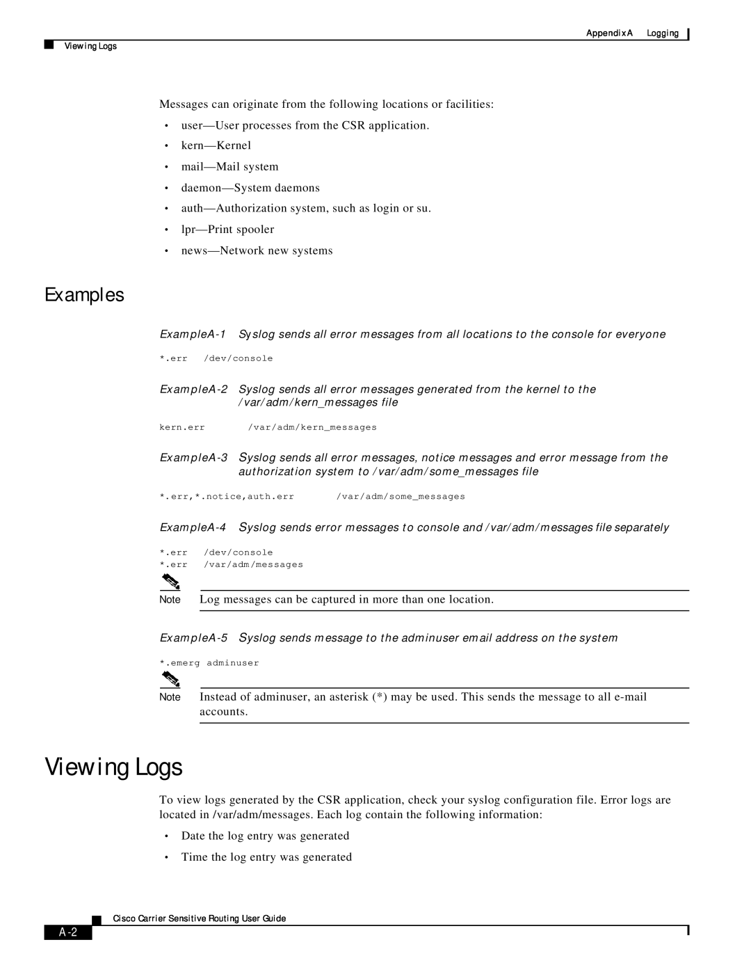 Cisco Systems Version 1.1 manual Viewing Logs, Examples 