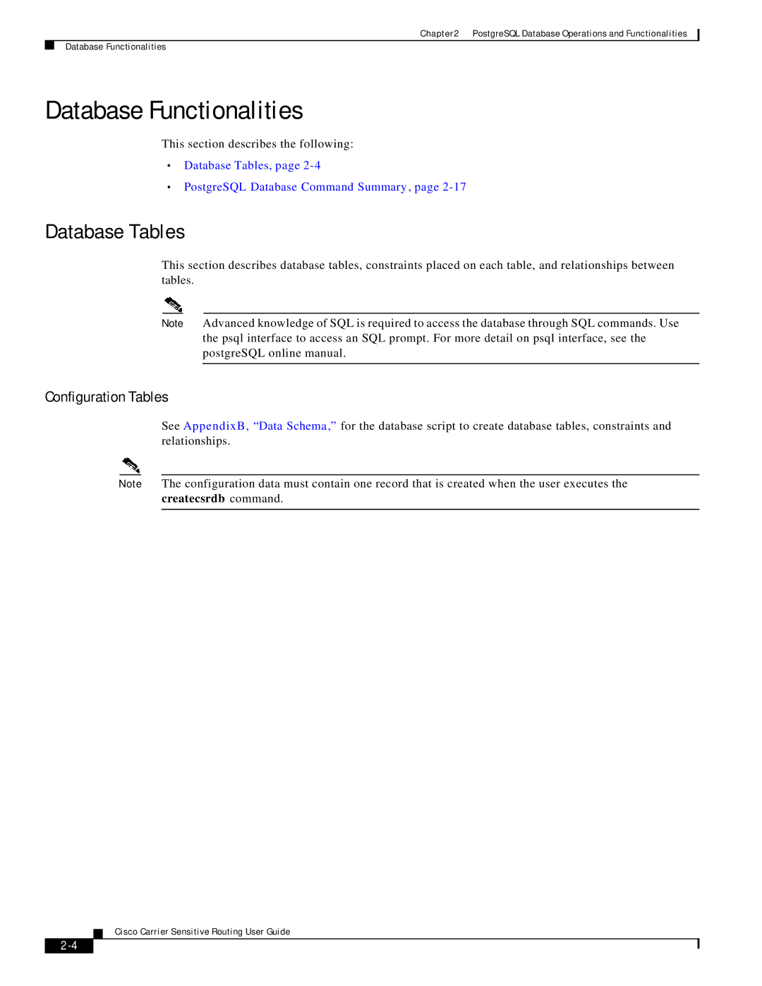 Cisco Systems Version 1.1 manual Database Functionalities, Database Tables 