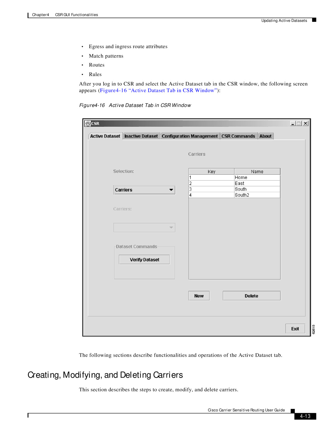 Cisco Systems Version 1.1 manual Creating, Modifying, and Deleting Carriers, Active Dataset Tab in CSR Window 