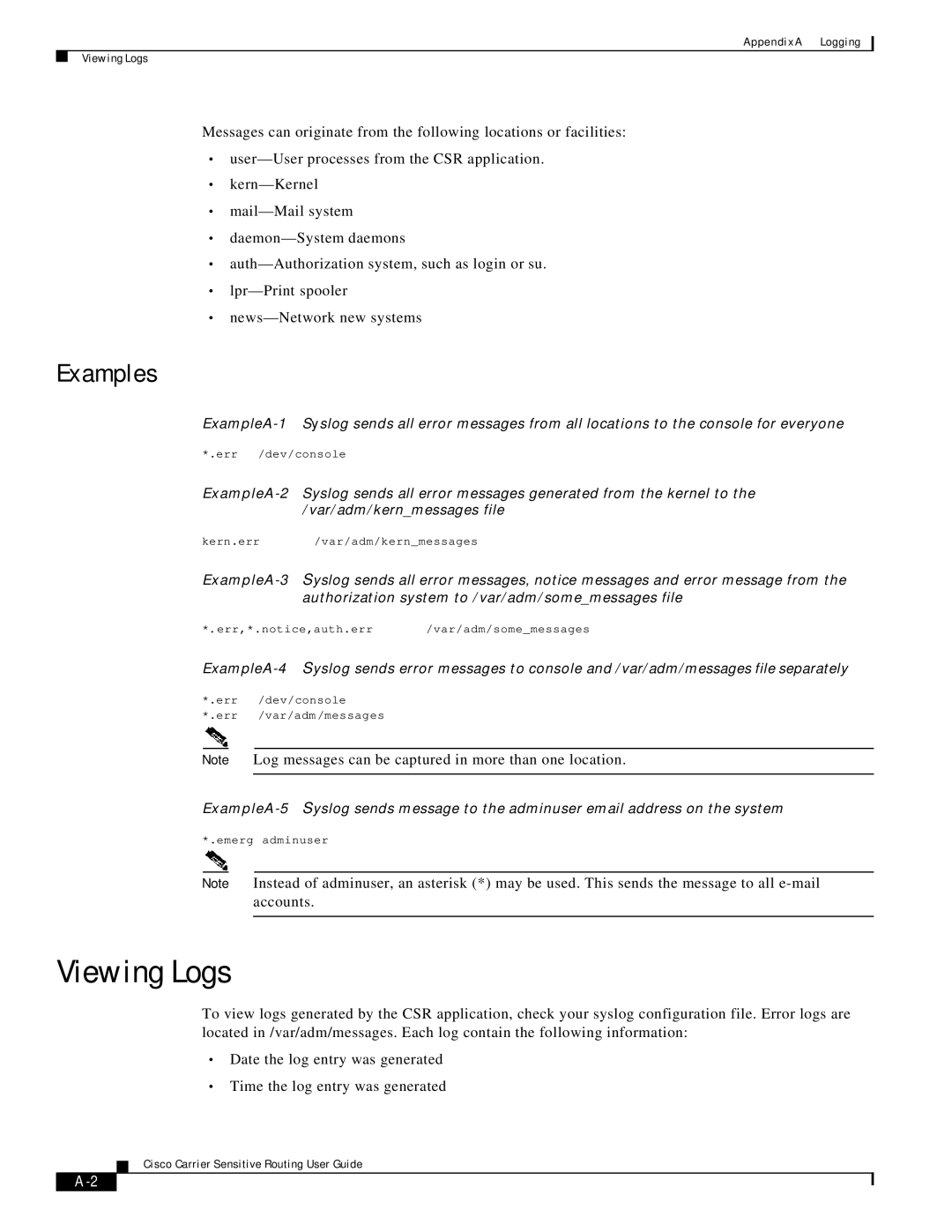 Cisco Systems Version 1.1 manual Viewing Logs, Examples 