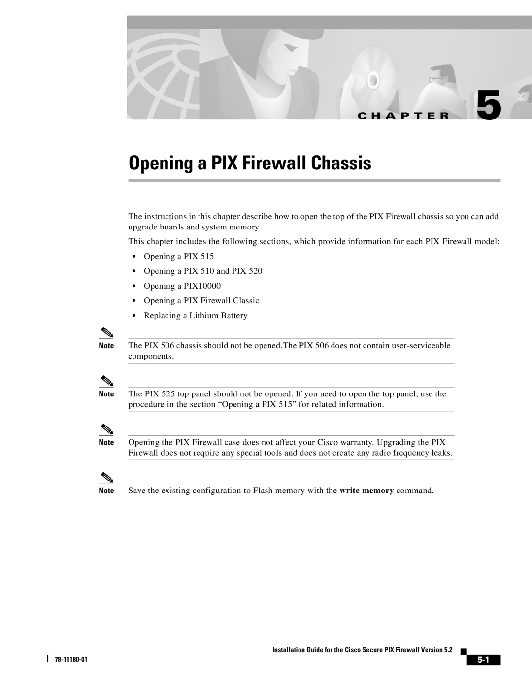 Cisco Systems Version 5.2 78-11180-01 user service Opening a PIX Firewall Chassis 
