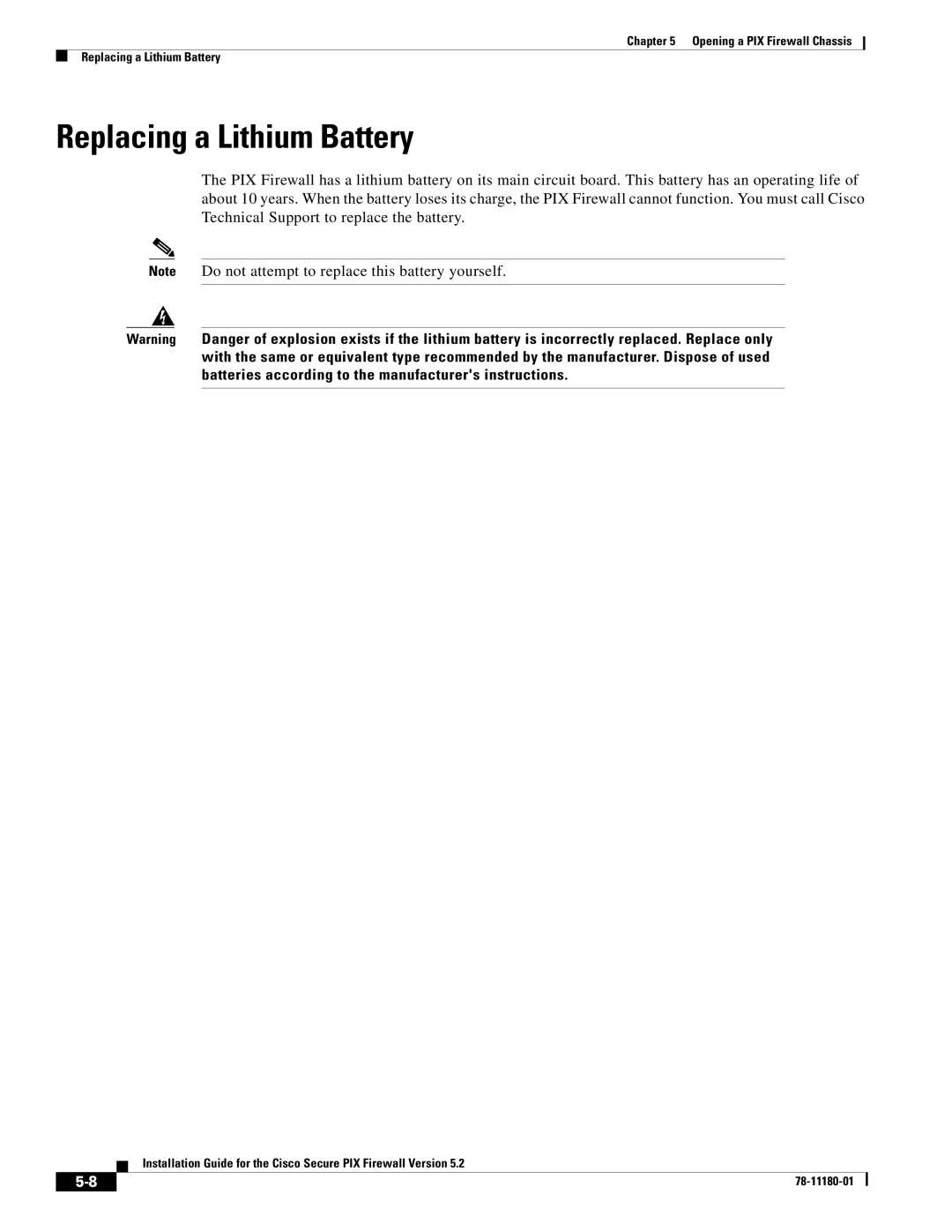 Cisco Systems Version 5.2 78-11180-01 user service Replacing a Lithium Battery 