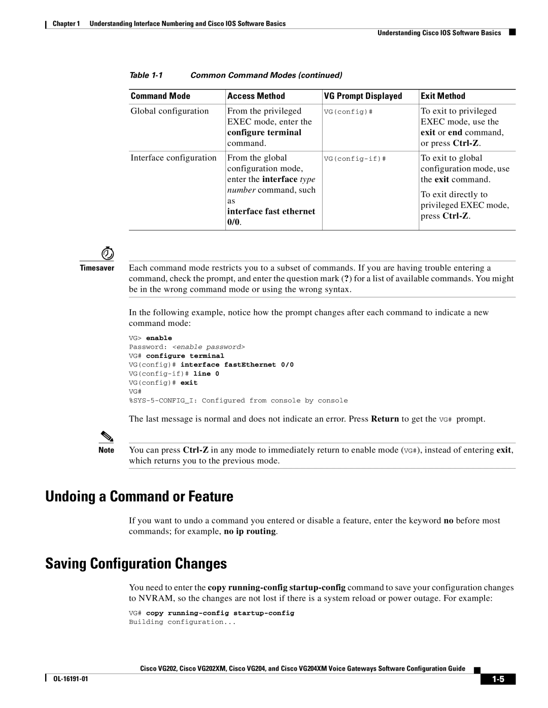 Cisco Systems VG204XM, VG202XM manual Undoing a Command or Feature, Saving Configuration Changes, Configure terminal 