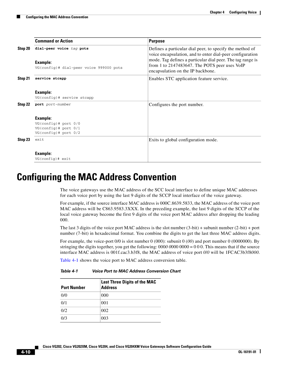 Cisco Systems VG202XM, VG204 Configuring the MAC Address Convention, Last Three Digits of the MAC, Port Number Address 