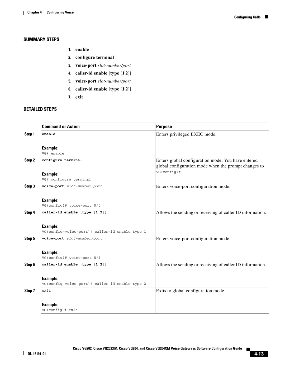 Cisco Systems VG204XM, VG202XM Caller-id enable type Exit, Allows the sending or receiving of caller ID information 