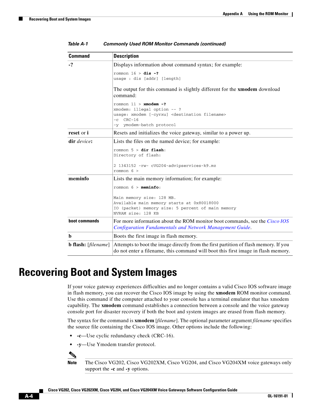 Cisco Systems VG202XM, VG204 Recovering Boot and System Images, Command Description, Reset or, Meminfo, Flash filename 