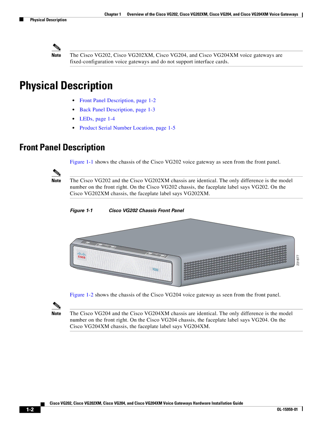 Cisco Systems VG202XM, VG204XM manual Physical Description, Front Panel Description 