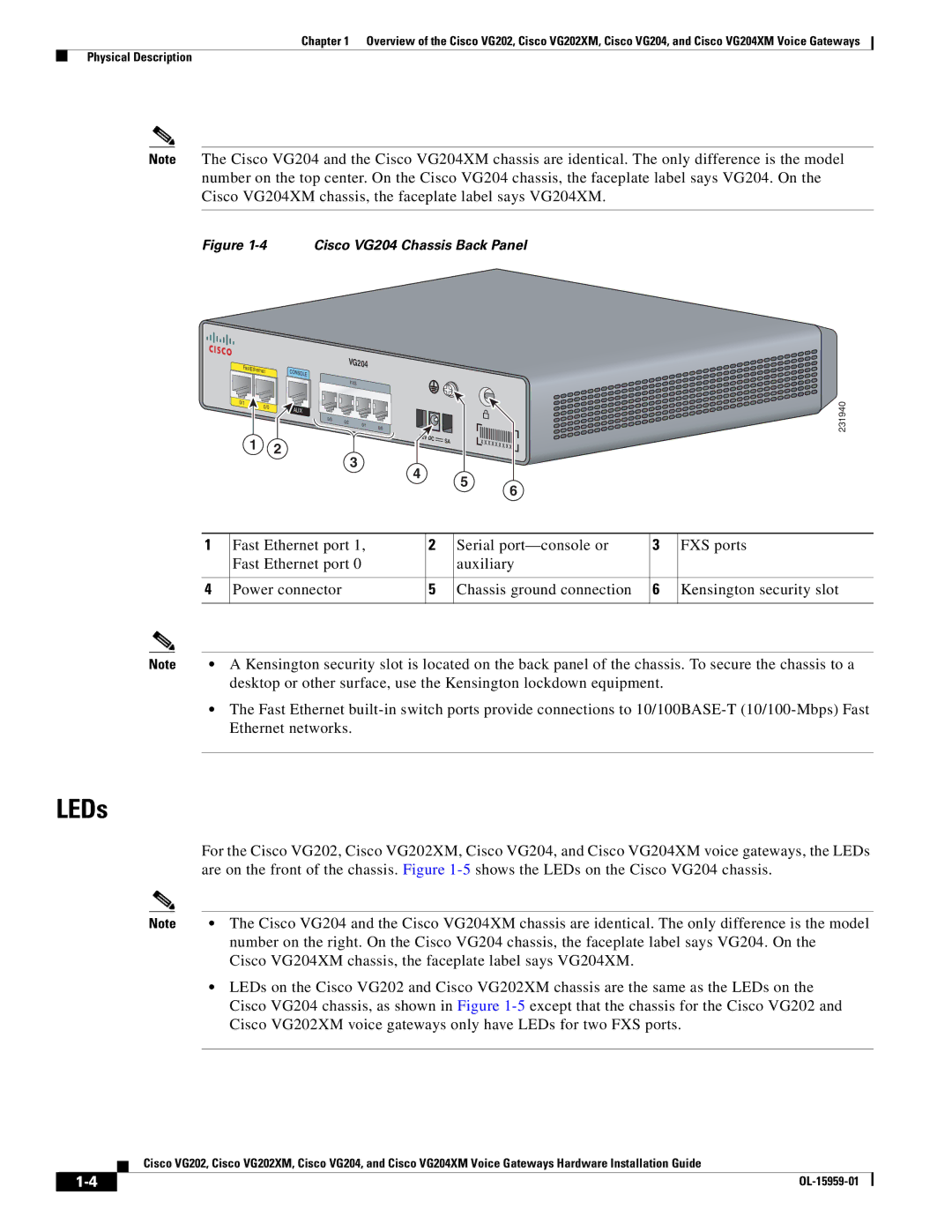 Cisco Systems VG202XM, VG204XM manual LEDs, Cisco VG204 Chassis Back Panel 