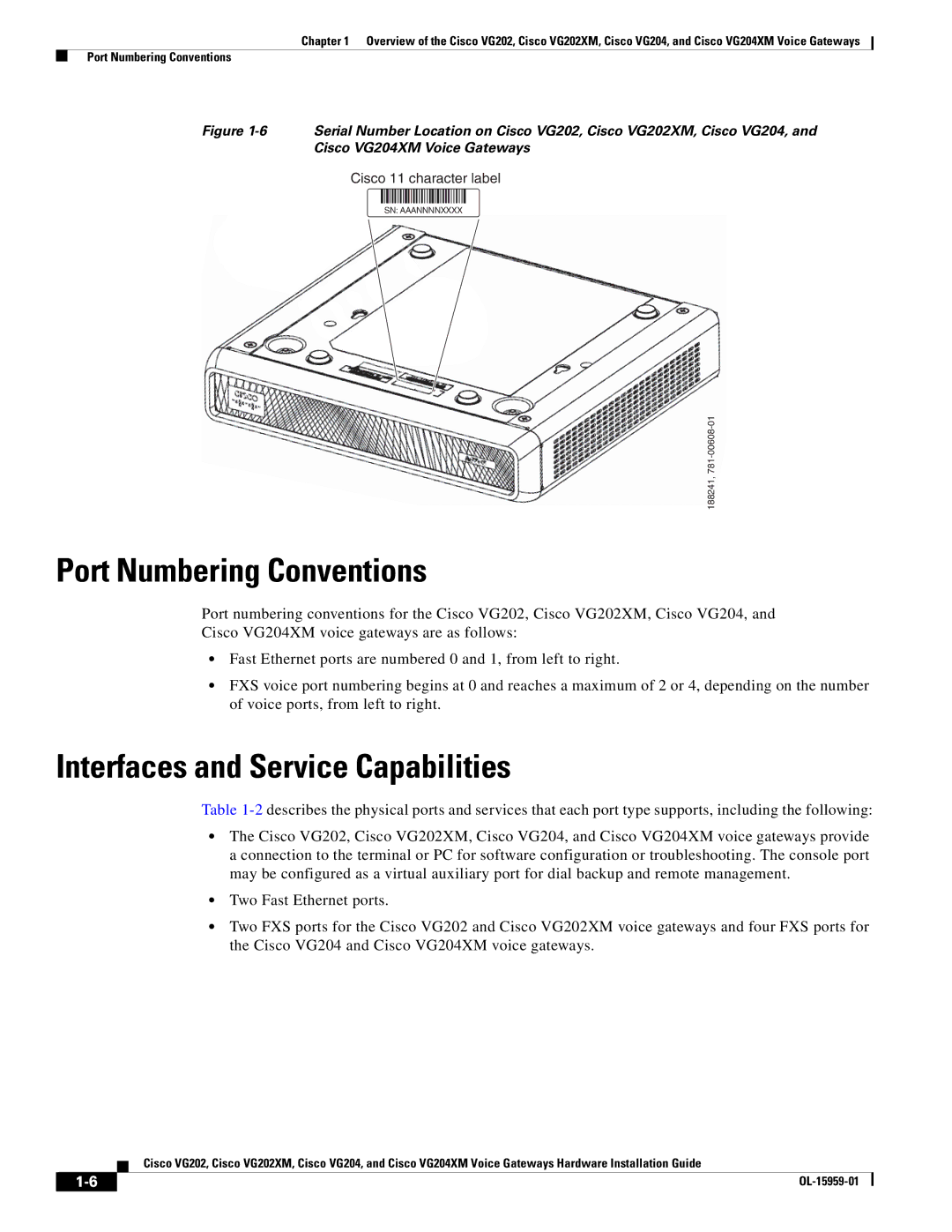 Cisco Systems VG202XM, VG204XM manual Port Numbering Conventions, Interfaces and Service Capabilities 