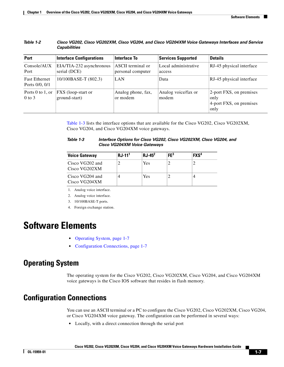 Cisco Systems VG204XM, VG202XM Software Elements, Operating System, Configuration Connections, Voice Gateway RJ-11 RJ-45 