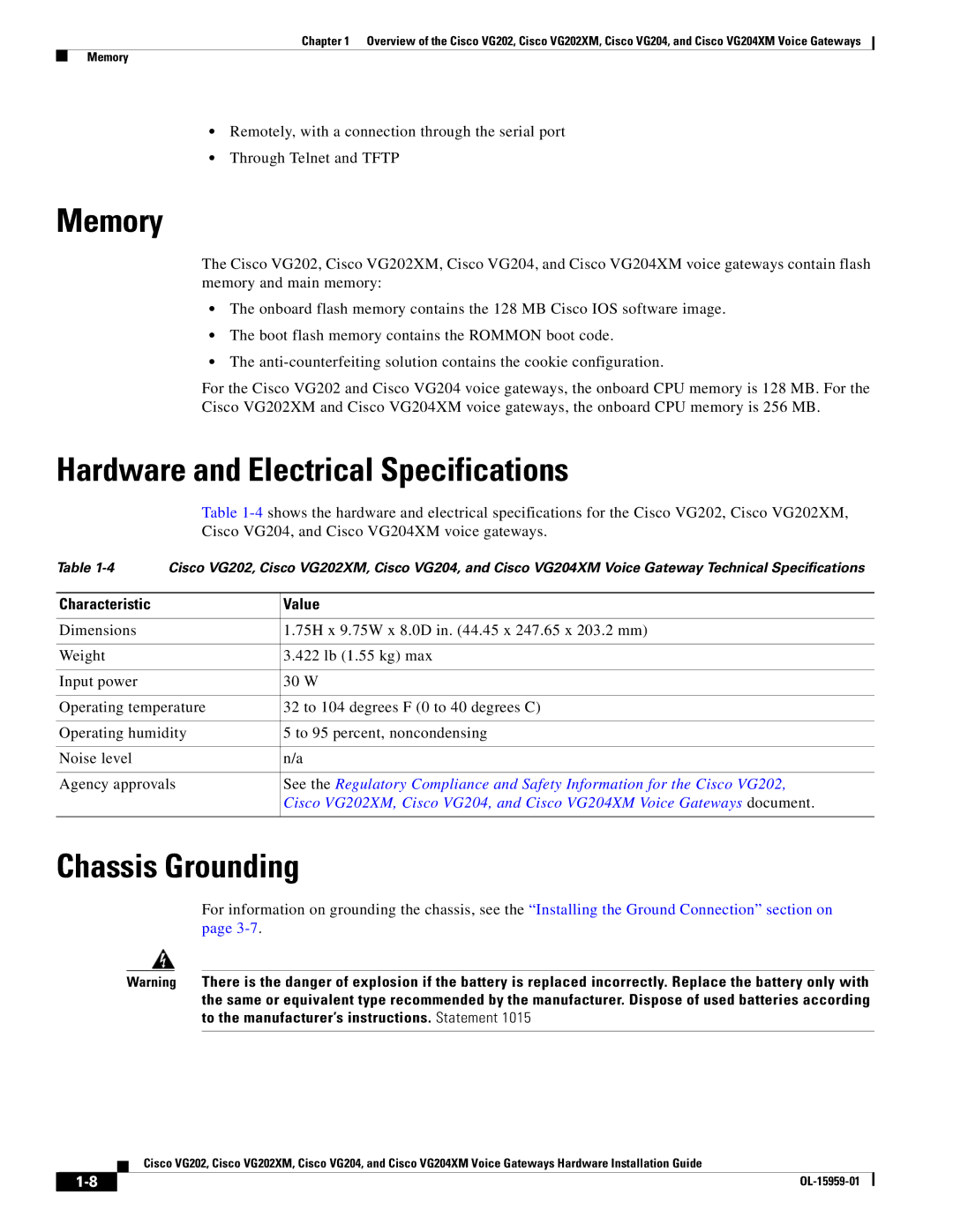 Cisco Systems VG202XM, VG204XM Memory, Hardware and Electrical Specifications, Chassis Grounding, Characteristic Value 