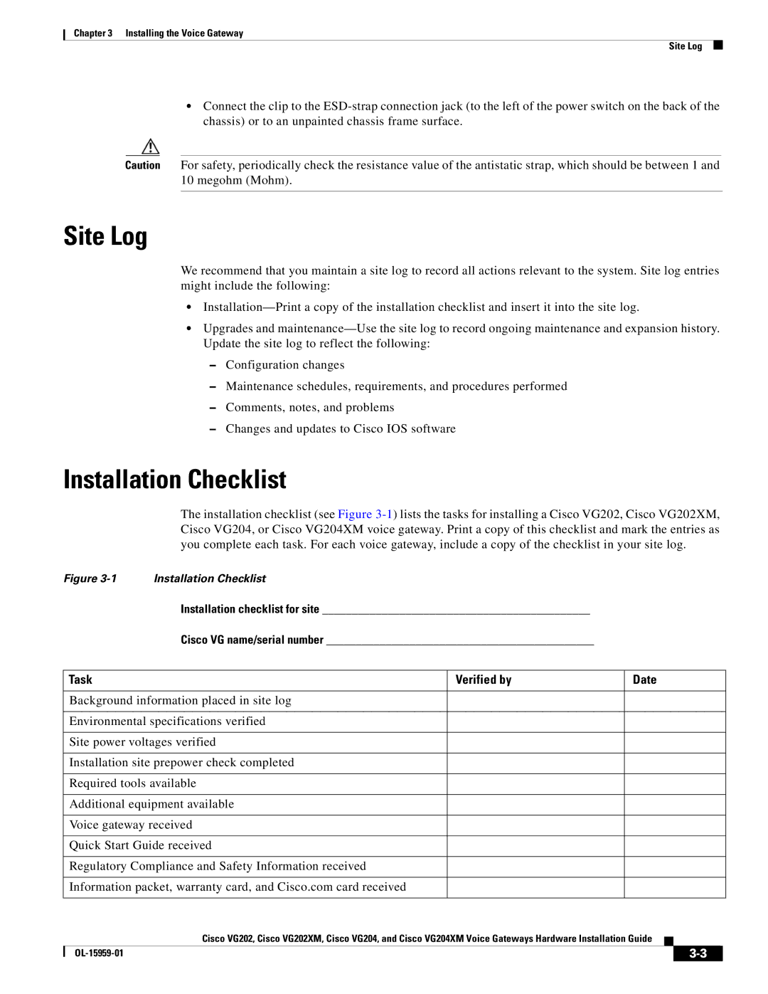 Cisco Systems VG202XM, VG204XM manual Site Log, Installation Checklist, Task Verified by Date 