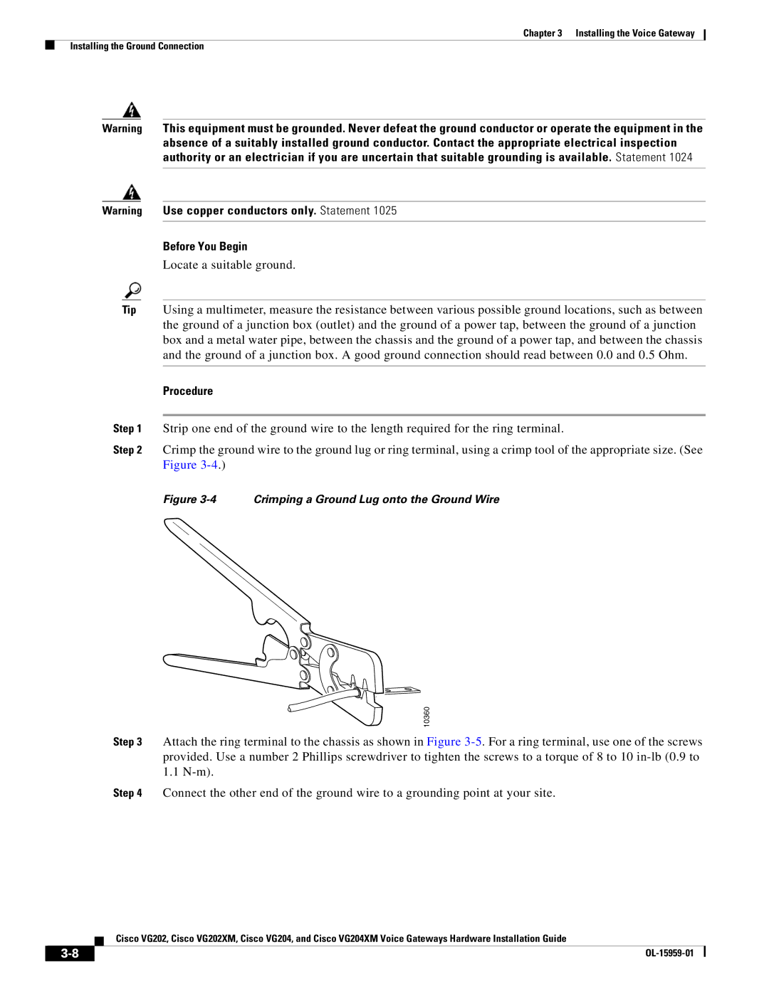 Cisco Systems VG202XM, VG204XM manual Crimping a Ground Lug onto the Ground Wire 