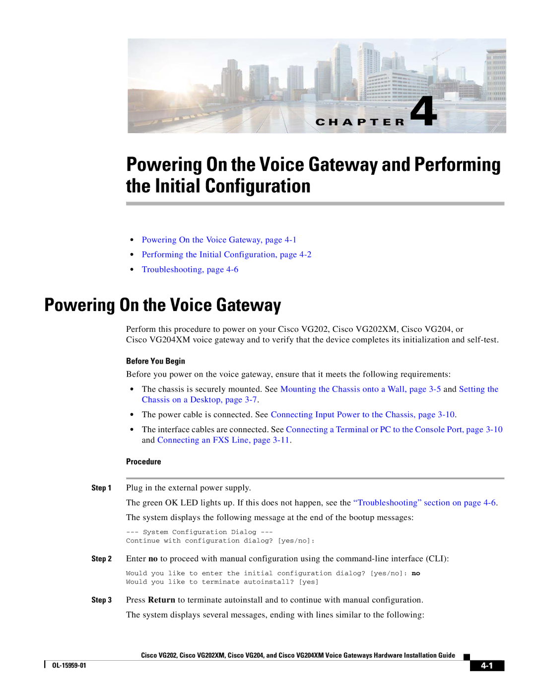 Cisco Systems VG204XM, VG202XM manual Powering On the Voice Gateway, Before You Begin 