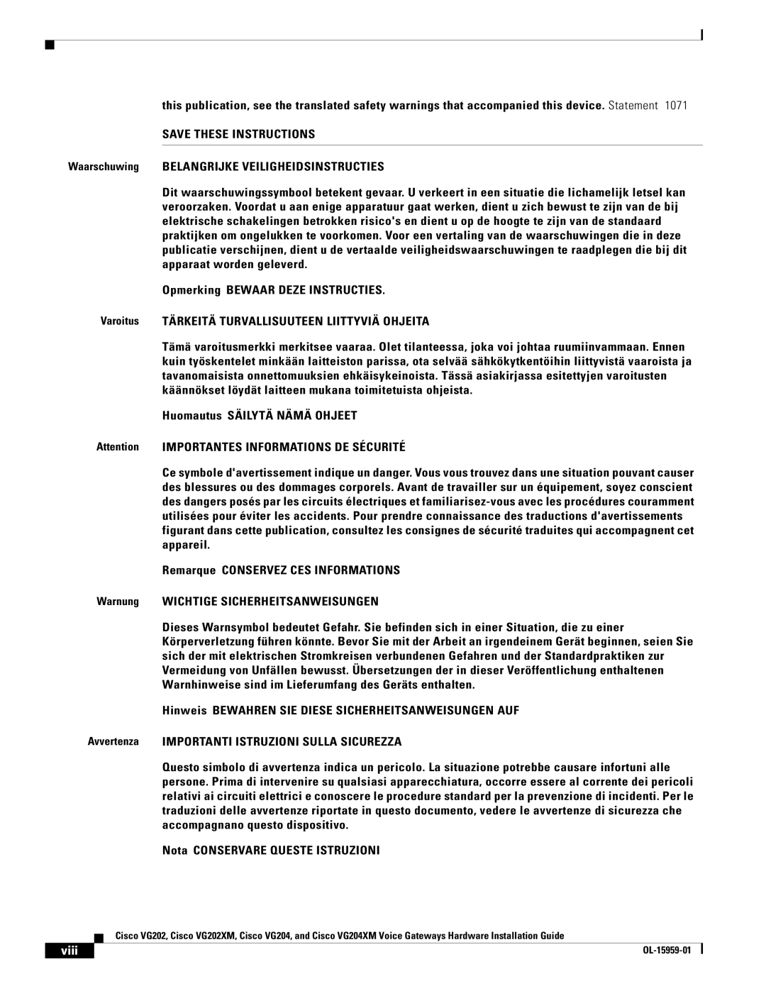 Cisco Systems VG202XM, VG204XM manual Viii 