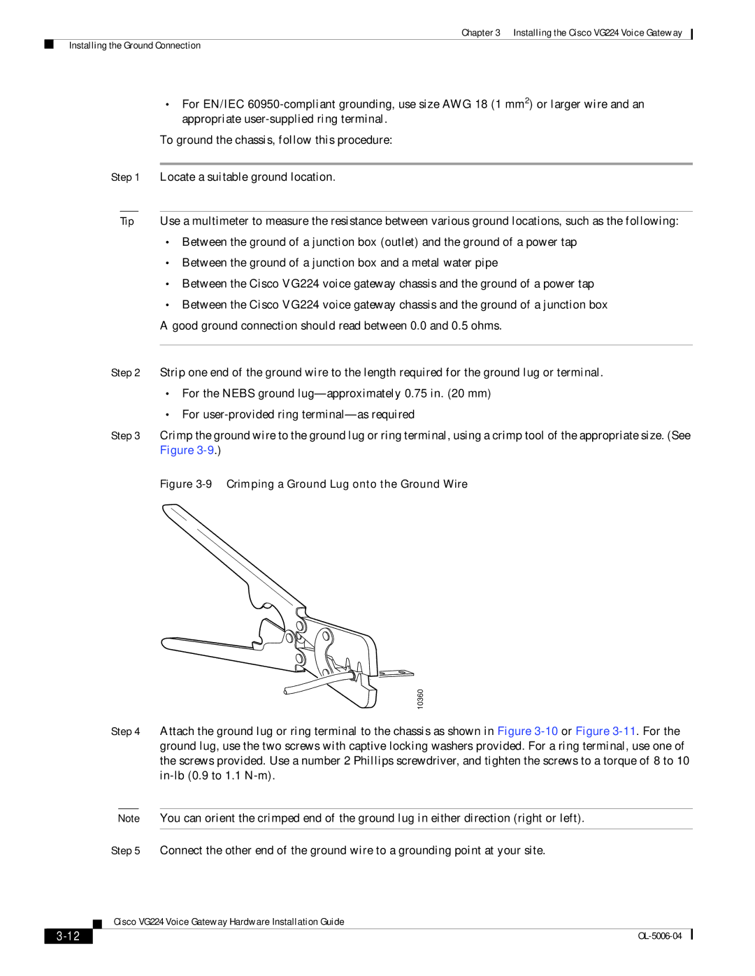 Cisco Systems VG224 installation instructions Crimping a Ground Lug onto the Ground Wire 