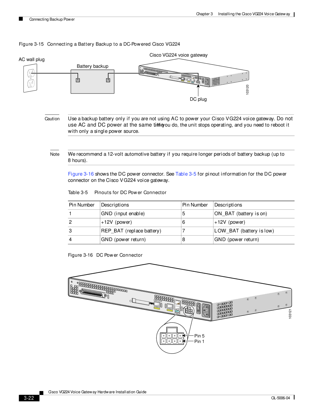 Cisco Systems installation instructions Pin Number Descriptions, Connecting a Battery Backup to a DC-Powered Cisco VG224 