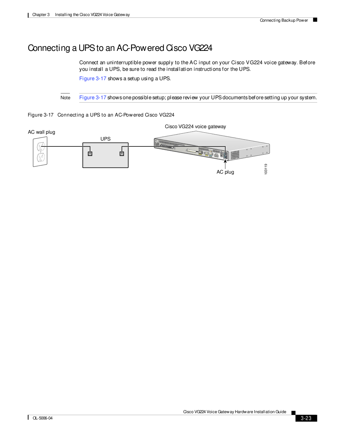 Cisco Systems installation instructions Connecting a UPS to an AC-Powered Cisco VG224, Ups 