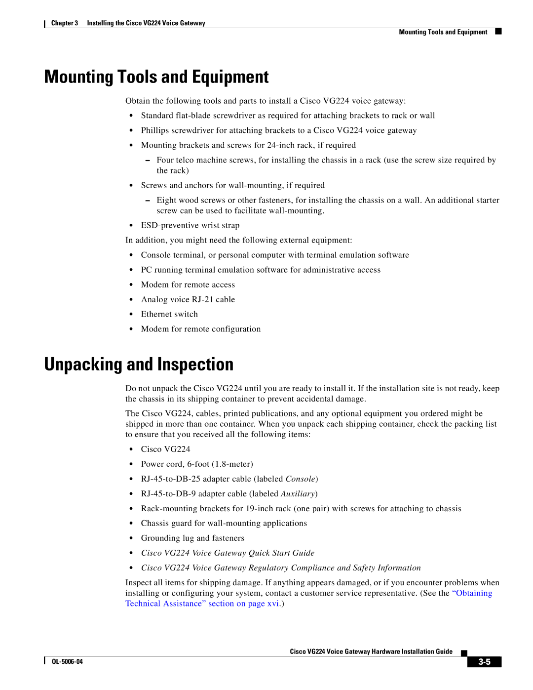 Cisco Systems VG224 installation instructions Mounting Tools and Equipment, Unpacking and Inspection 