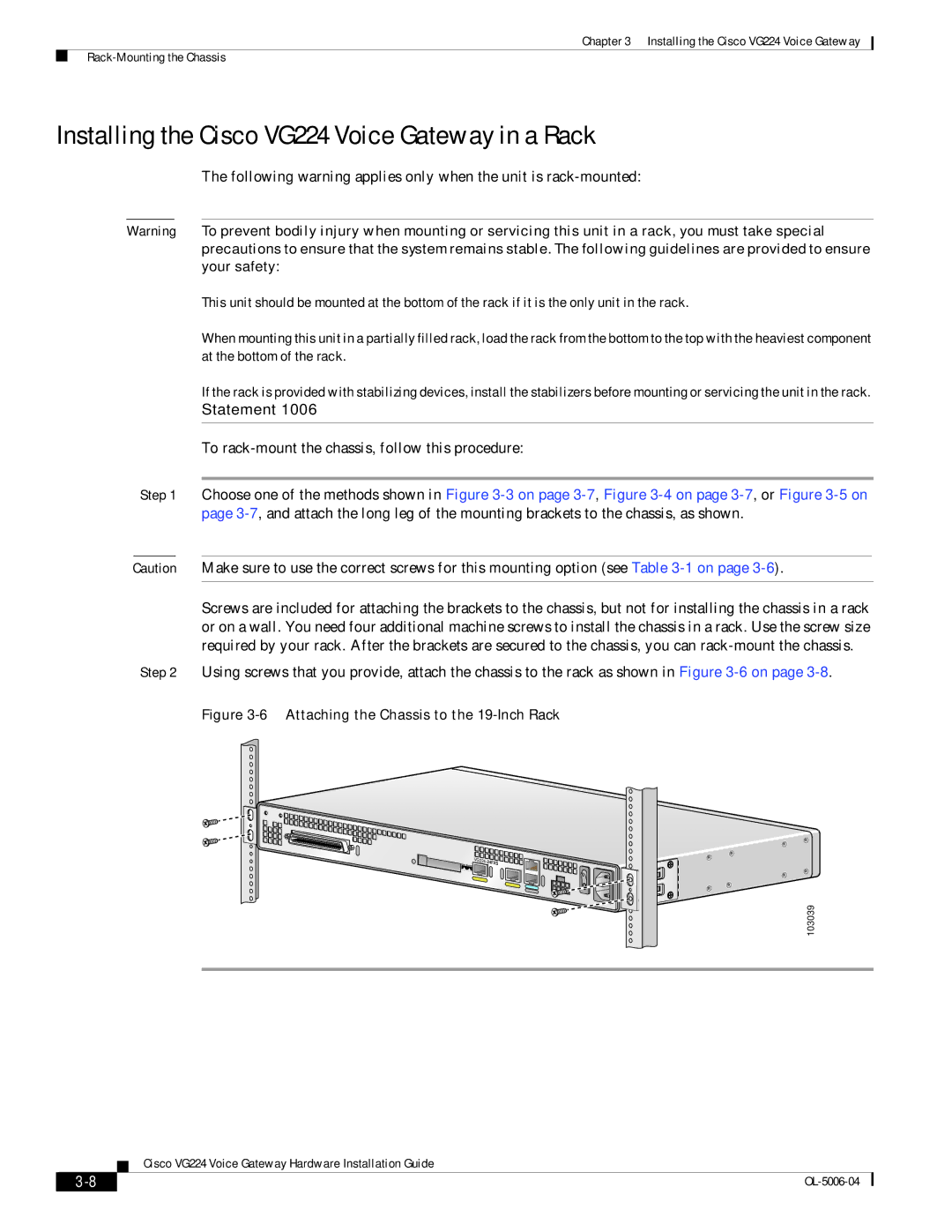 Cisco Systems installation instructions Installing the Cisco VG224 Voice Gateway in a Rack, Statement 