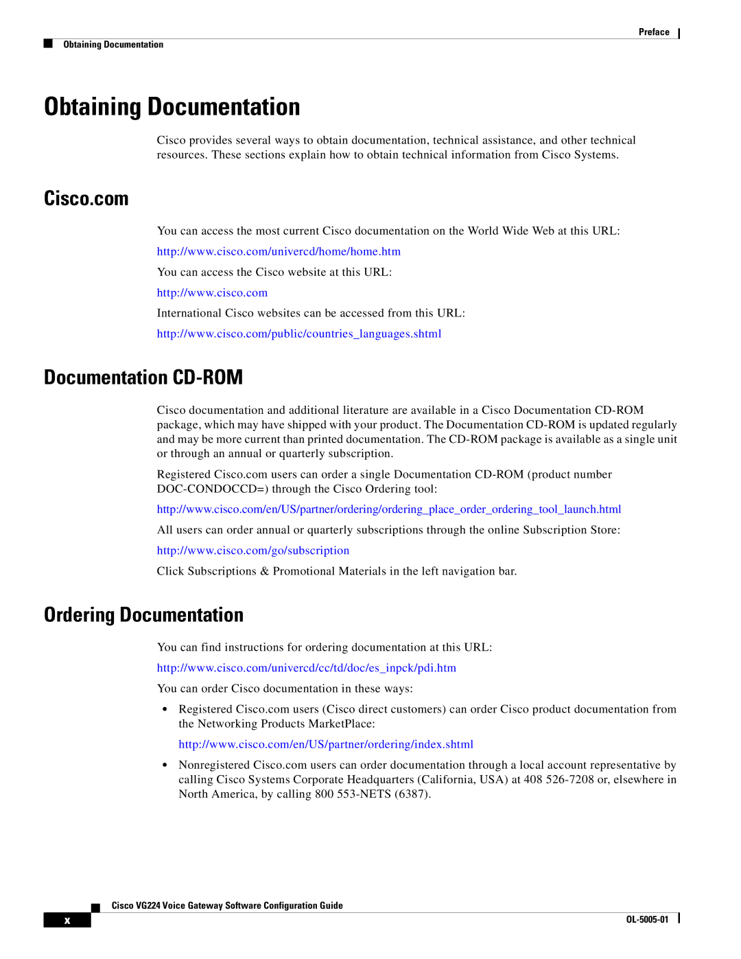 Cisco Systems VG224 manual Obtaining Documentation, Cisco.com, Documentation CD-ROM, Ordering Documentation 