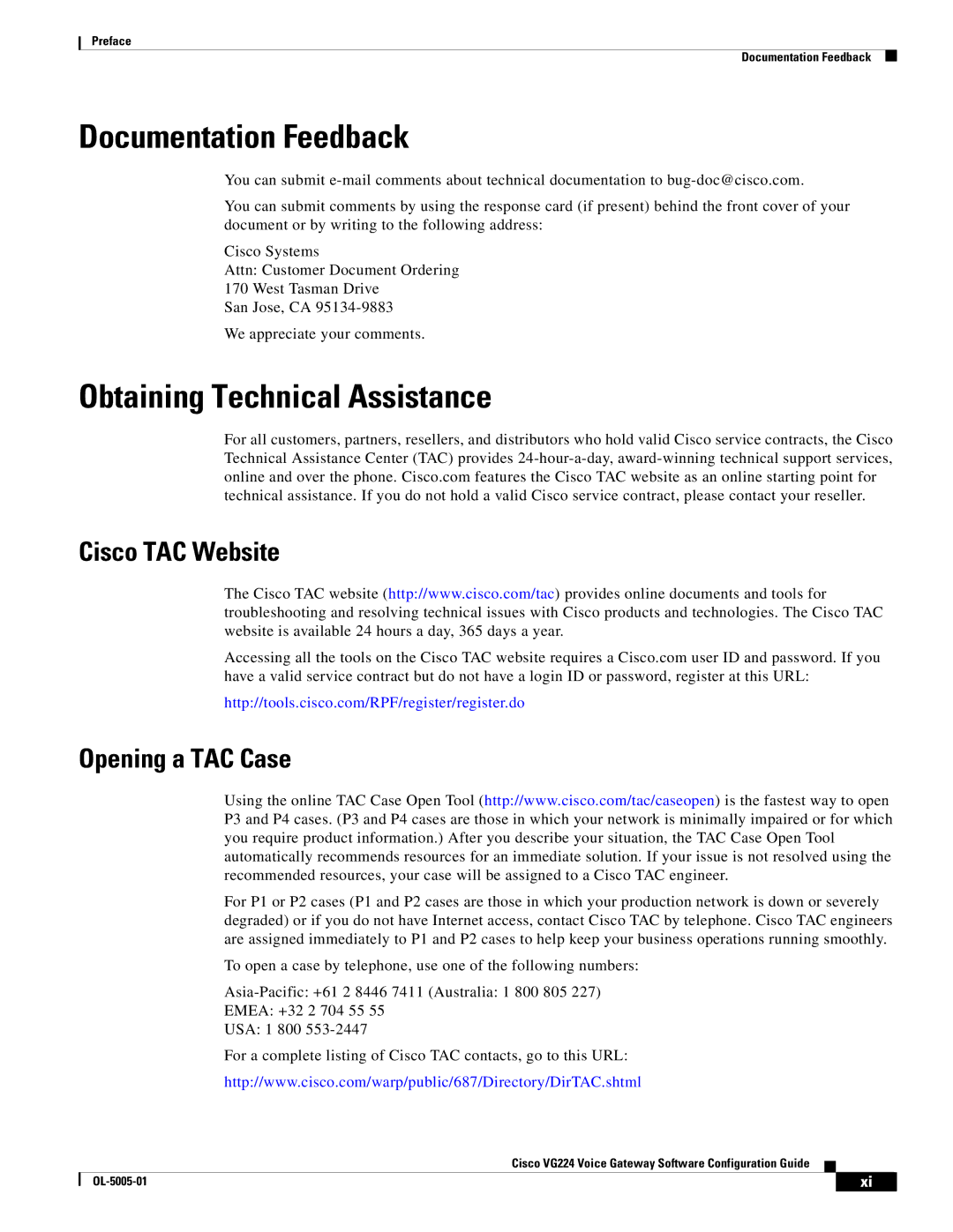 Cisco Systems VG224 manual Documentation Feedback, Obtaining Technical Assistance, Cisco TAC Website Opening a TAC Case 