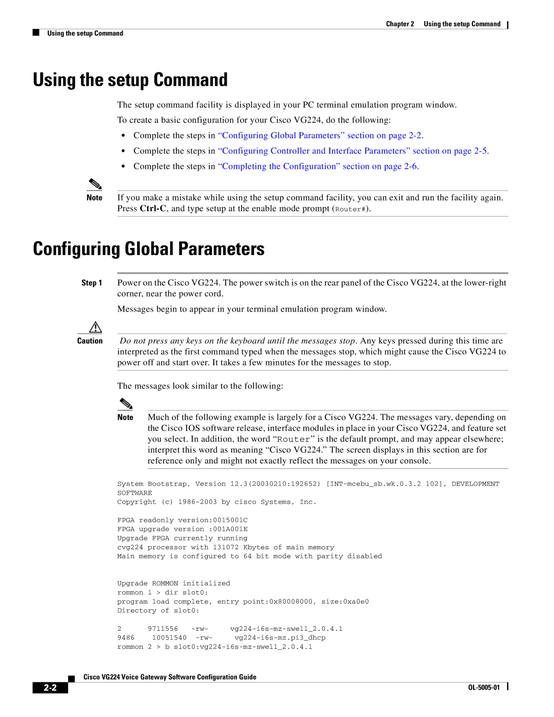 Cisco Systems VG224 manual Using the setup Command, Configuring Global Parameters 