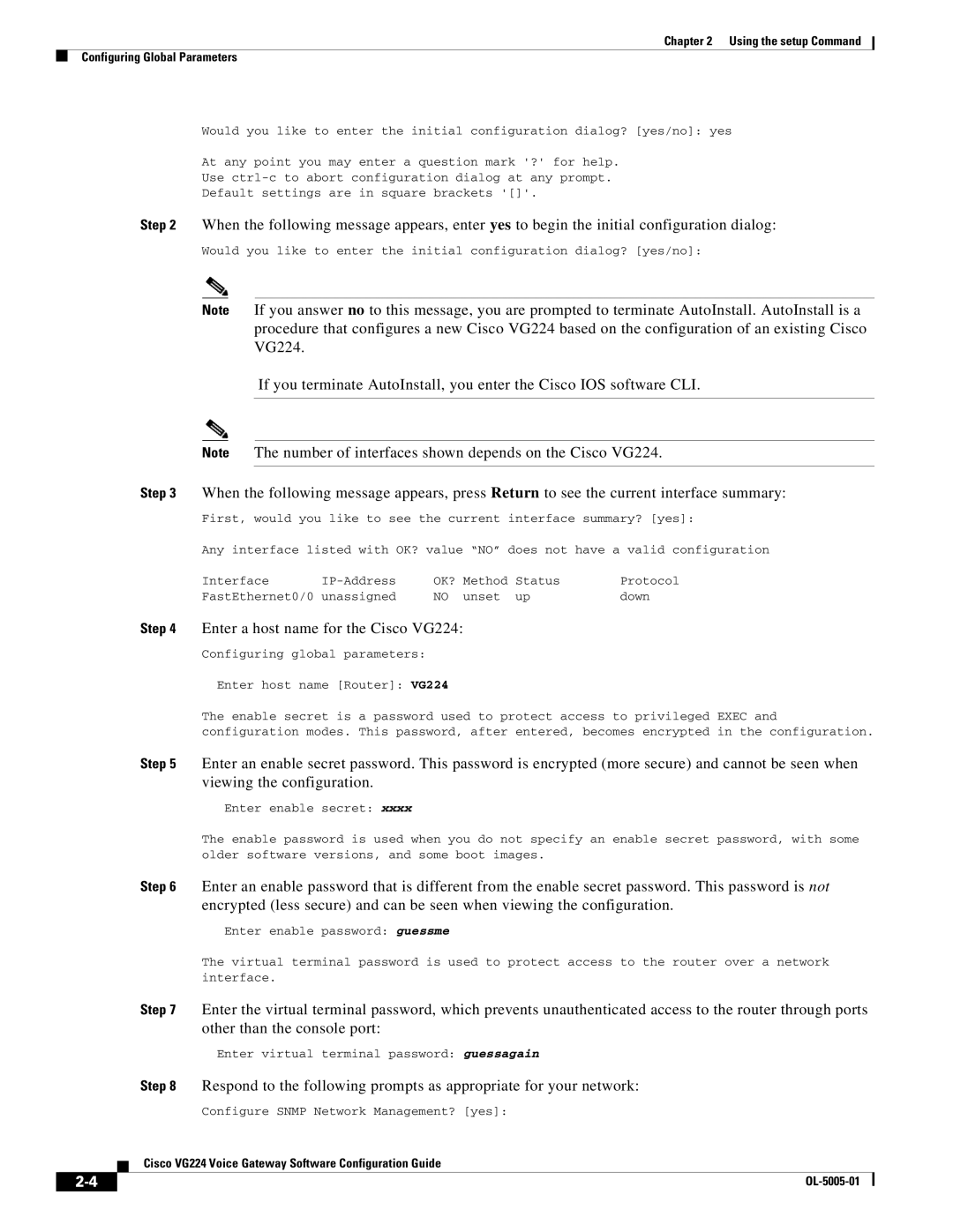 Cisco Systems manual Enter a host name for the Cisco VG224, Configuring global parameters Enter host name Router VG224 