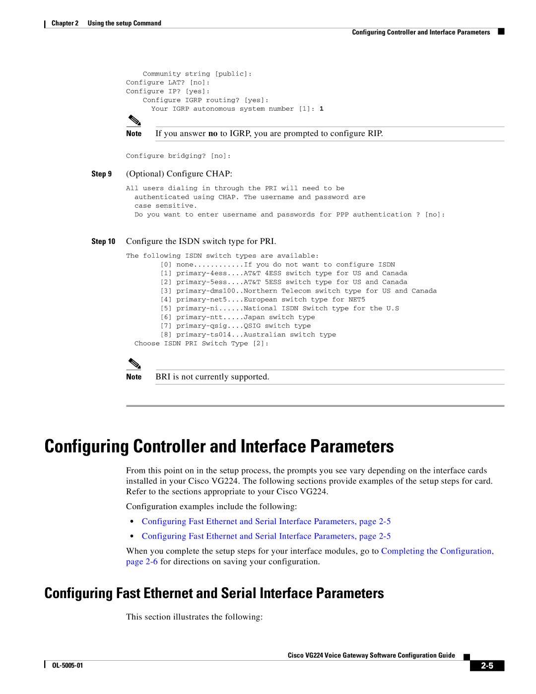 Cisco Systems VG224 manual Configuring Controller and Interface Parameters, Optional Configure Chap 