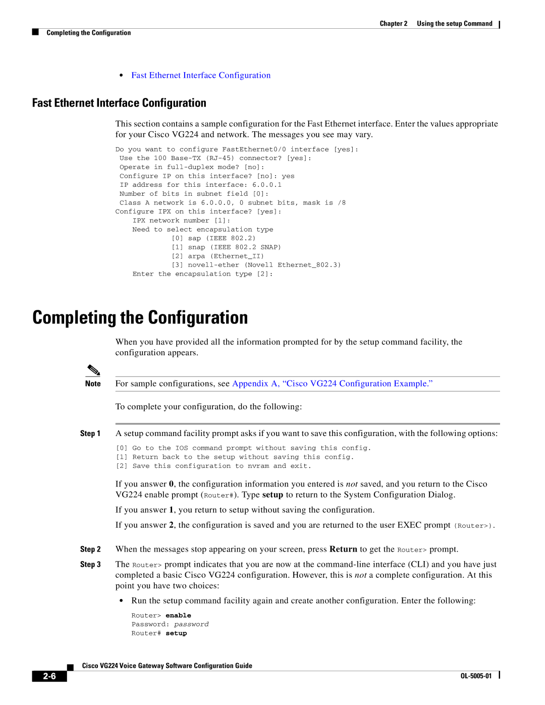 Cisco Systems VG224 manual Completing the Configuration, Fast Ethernet Interface Configuration 