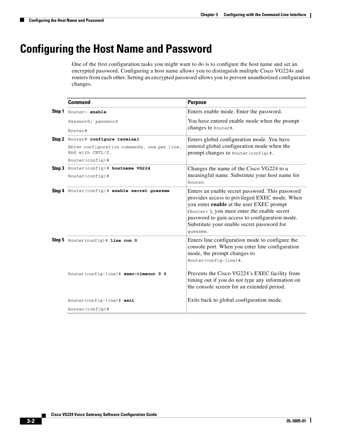 Cisco Systems VG224 manual Configuring the Host Name and Password, Command Purpose 