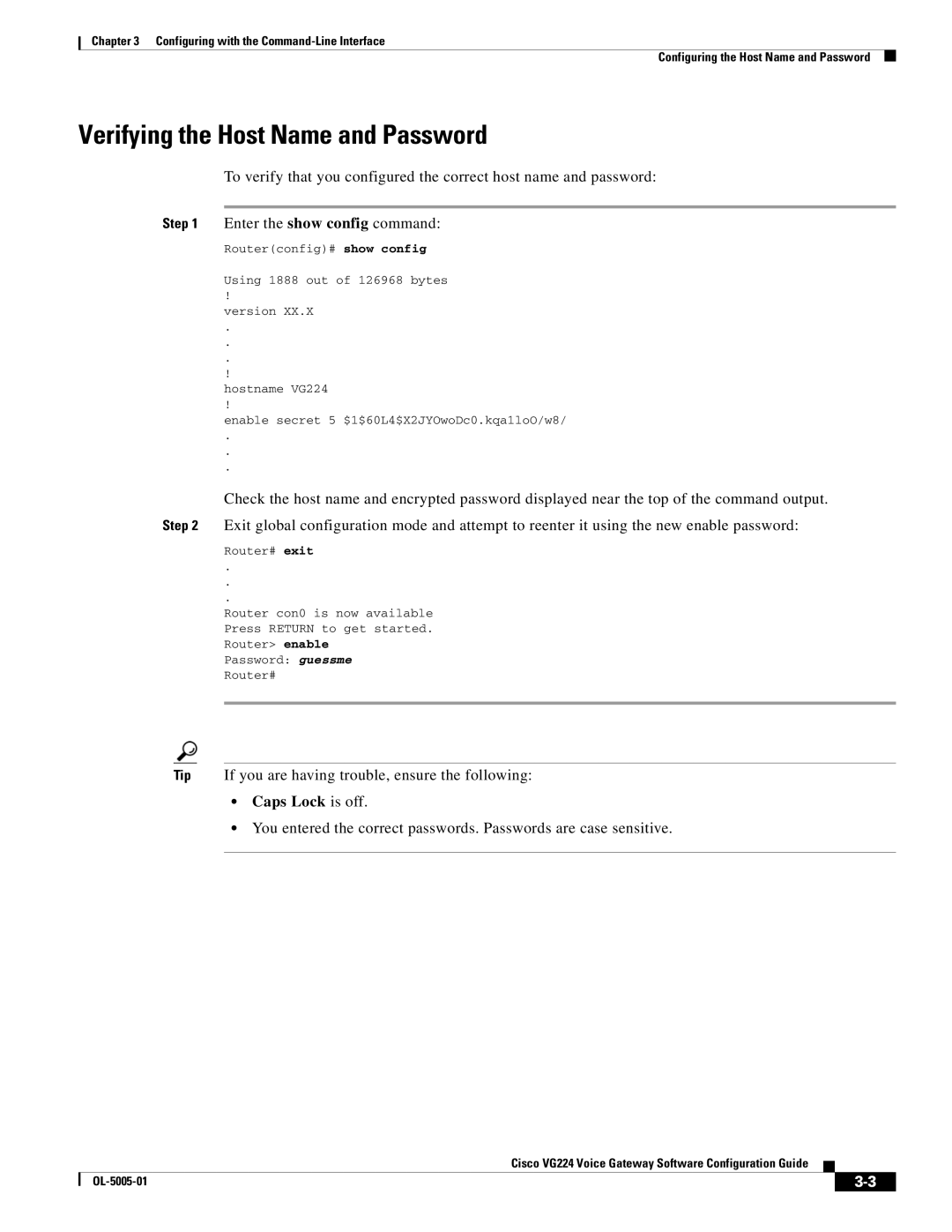 Cisco Systems VG224 manual Verifying the Host Name and Password, Tip If you are having trouble, ensure the following 