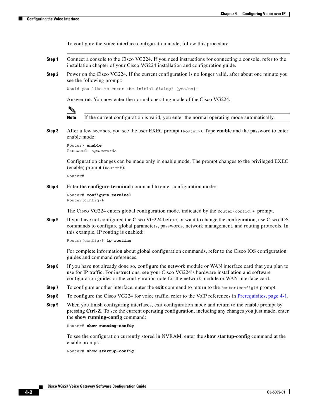 Cisco Systems VG224 manual Router# show running-config, Router# show startup-config 