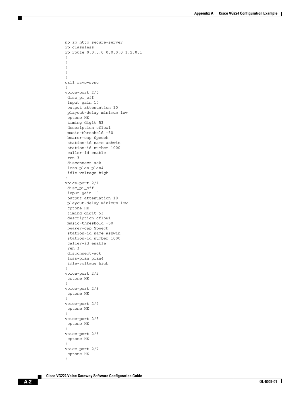 Cisco Systems manual Appendix a Cisco VG224 Configuration Example 