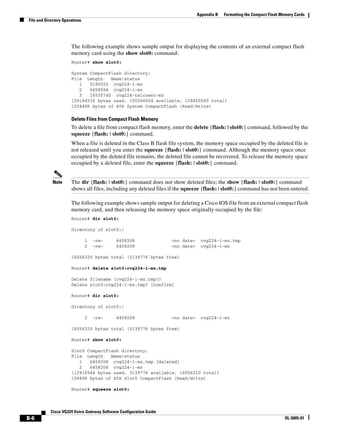 Cisco Systems VG224 Delete Files from Compact Flash Memory, Router# show slot0, Router# dir slot0, Router# squeeze slot0 